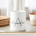 Mug Noir blanc Nom initial Monogramme Élégant Script<br><div class="desc">Monogramme élégant noir et blanc Nom du script et première tasse de café. La tasse fait le cadeau parfait pour quelqu'un qui aime les couleurs chic modernes et élégantes pour un anniversaire,  mariage,  vacances de Noël,  douche nuptiale ou cadeau d'occasion spécial. Veuillez contacter le concepteur pour les articles correspondants.</div>