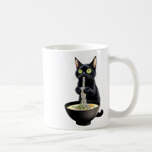 Mug Noir Chat Manger Ramen nouilles Japonais Nourritur