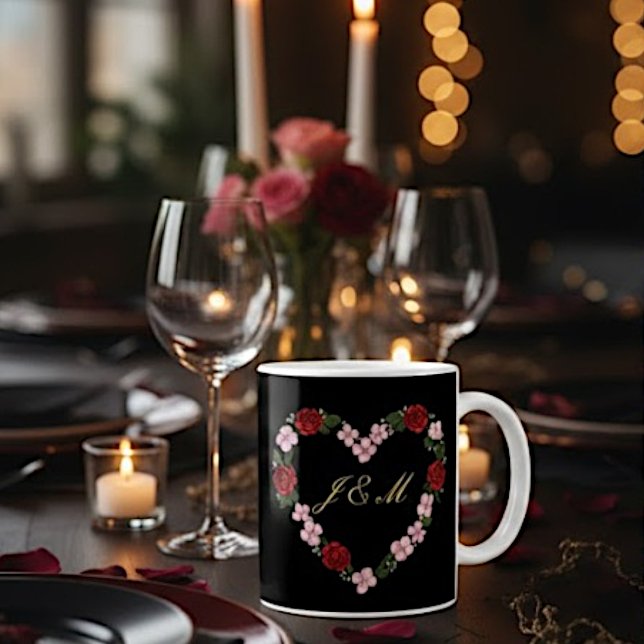 Mug noir couronne de fleurs roses et rouges (Créateur téléchargé)