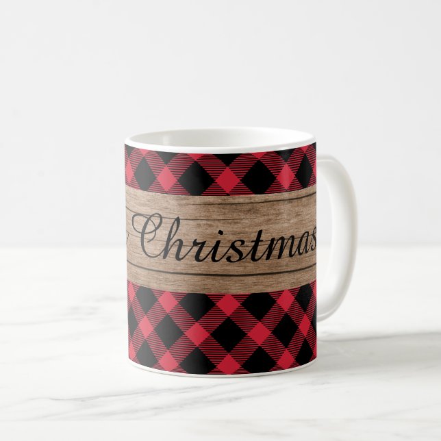 Mug Noir de Noël en rouge et noir de buffle en bois ru (Devant droit)