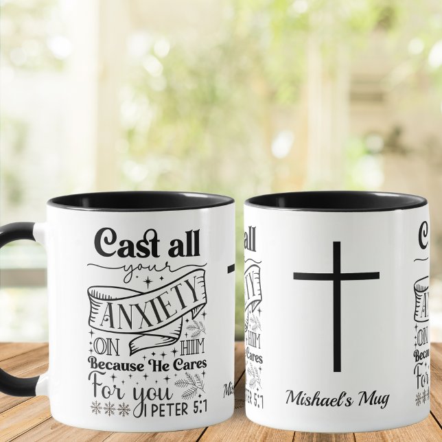 Mug noir et blanc, 1 Pierre 5:7, chrétien (Créateur téléchargé)