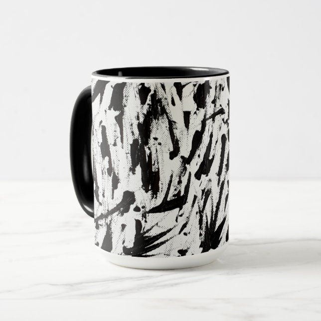 Mug Noir et blanc Abstrait Brushstrokies Art (Devant gauche)