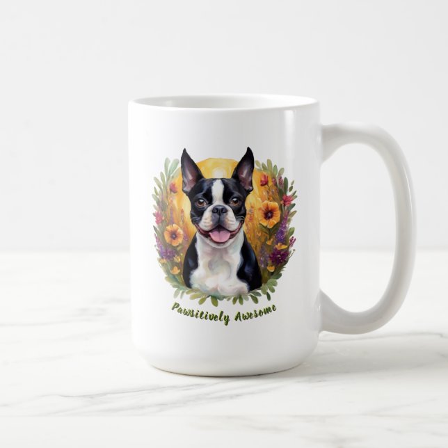 Mug Noir et blanc Boston Terrier dans un champ fleuri (Droite)