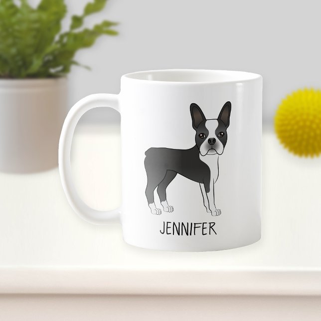 Mug Noir Et Blanc Boston Terrier Dessin Chien Et Nom (Créateur téléchargé)