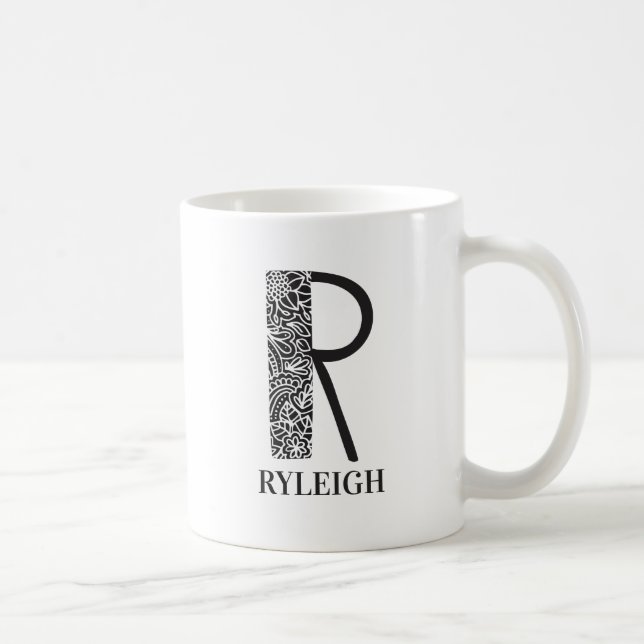 Mug Noir et blanc moderne R et nom initial (Droite)