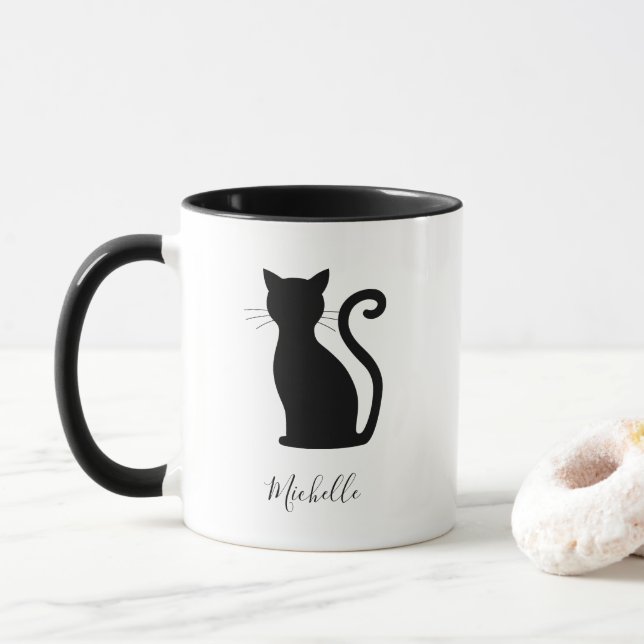 Mug Noir et blanc Nom mignon Chat noir (Avec donut)