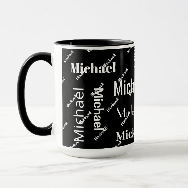 Mug Noir et blanc Répétition Premier & Nom Monogramme (Gauche)
