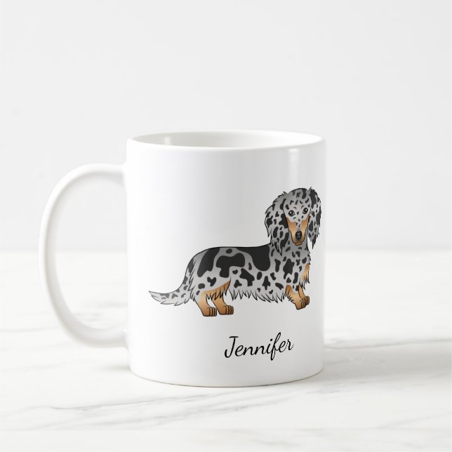 Mug Noir Et Tan Dapper Cheveux Long Dachshund & Nom (Gauche)