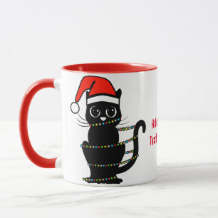 Mug Noir Funny Chat Noël Lumière Chapeau de Père Noël