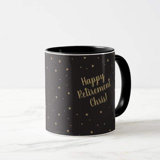 Mug Noir heureux de retraite et étoiles d'or (Devant droit)