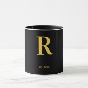 Mug noir lettre R dorée   Mug à monogramme minimal