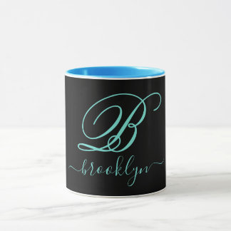 Mug Noir moderne Turquoise manuscrit Monogramme