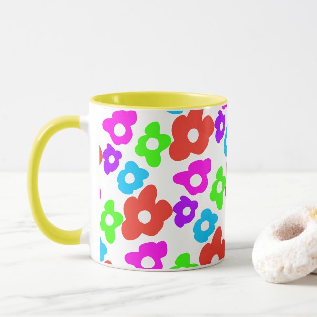 Mug Noir rétro Arc-en-ciel couleur Fleurs Motif (Avec donut)