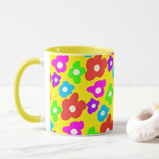 Mug Noir rétro Arc-en-ciel couleur Fleurs Motif (Avec donut)