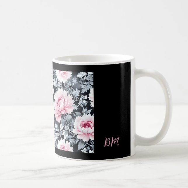Mug noir & rose élégant vintage Floral (Droite)