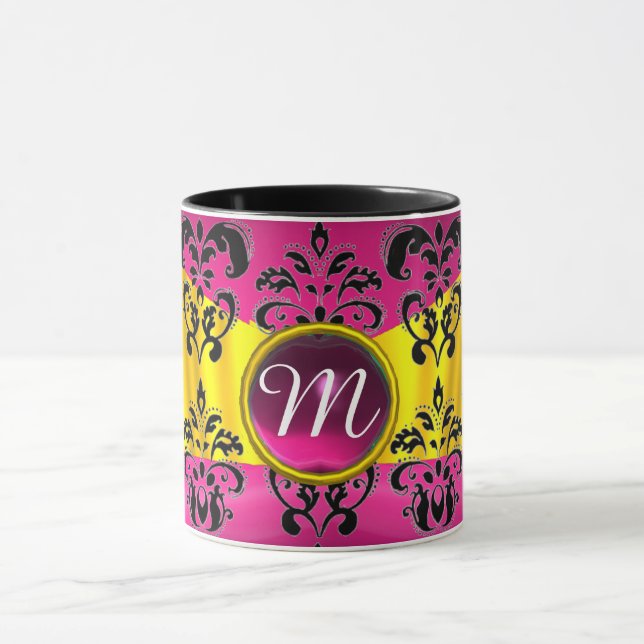 MUG NOIR ROSE OR FUCHSIA DAMASK MONOGRAMME DE STONE (Centre)