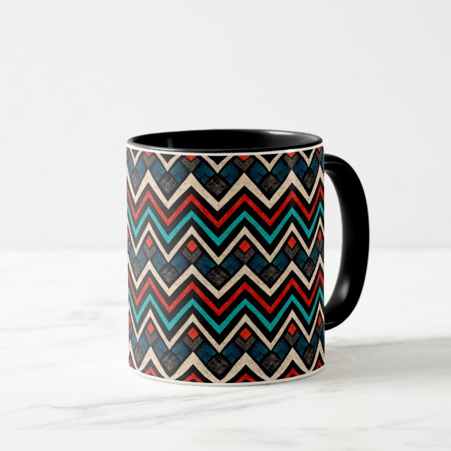 Mug Noir Rouge Turquoise Beige Aztèque Motif (Devant droit)