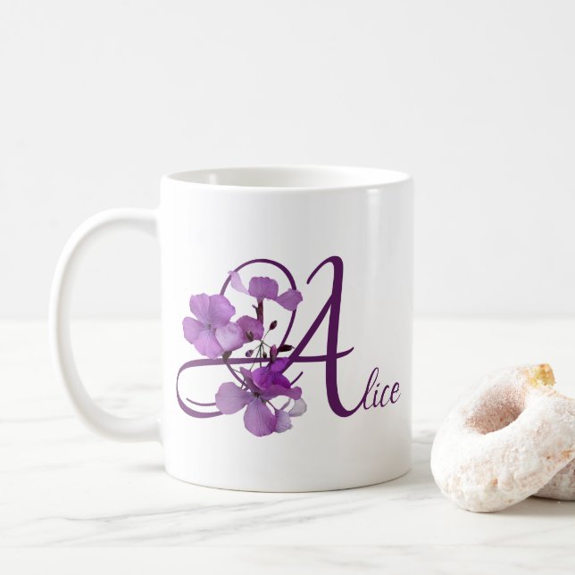 Mug Nom Alice personnalisable joli violet fleuri migno (Avec donut)