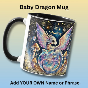 Mug Nom, bébé dragon pastel rose bleu sur fond sombre