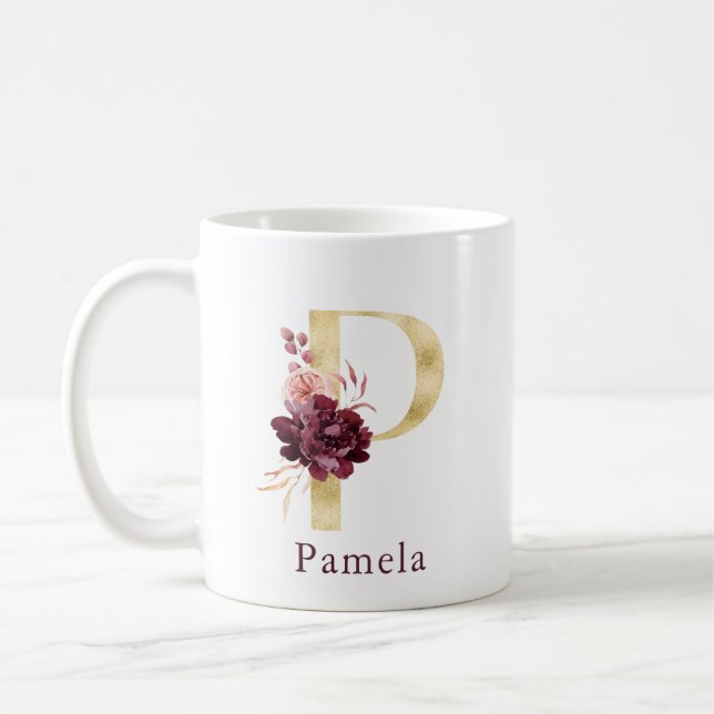 Mug Nom Bourgogne et Monogramme Floral Lettre P Rose (Gauche)