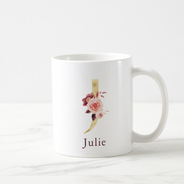 Mug Nom Bourgogne et monogramme floral rose lettre J (Droite)