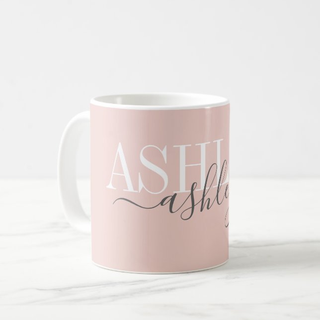 Mug Nom Chic Monogram Blush rose Grey Élégant (Devant gauche)