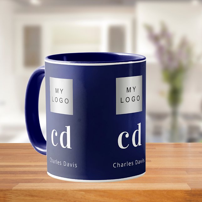 Mug Nom commercial bleu marine monogramme blanc nom (Créateur téléchargé)