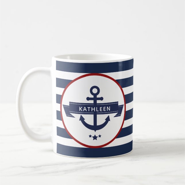 Mug Nom d'ancre nautique rayures bleu marine (Gauche)