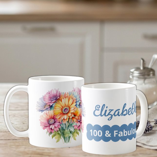 Mug nom d'anniversaire 100 ans fleurs de gerbera bleue (Créateur téléchargé)