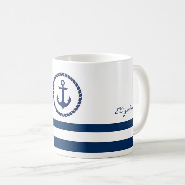 Mug Nom de bateau nautique, ancre bleu marine rayé (Devant droit)