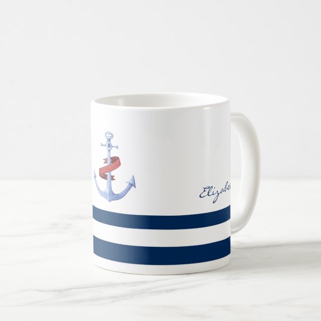 Mug Nom de bateau nautique, bleu ancre rayé bleu marin (Devant droit)