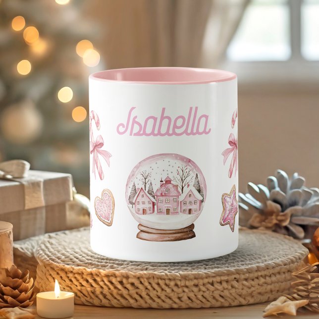 Mug Nom de biscuits de Noël en pain d'épice rose migno (Cute Pink Christmas gingerbread Cookies Name Mug)