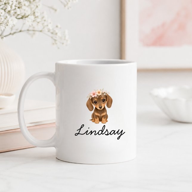 Mug Nom de chiot teckel floral personnalisé (Personalized Floral Dachshund Puppy Name Coffee Mug with your Name or Quate)