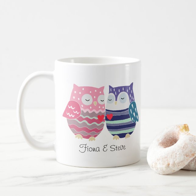 Mug Nom de couple personnalisé Couple d'hibou Nom pers (Avec donut)