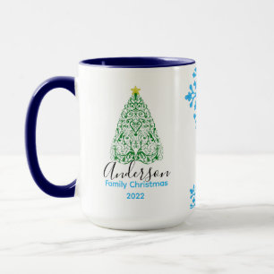Mug Nom de famille arbre moderne de Noël & neige glite