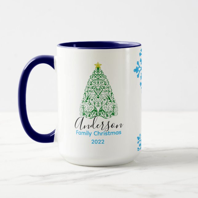 Mug Nom de famille arbre moderne de Noël & neige glite (Gauche)