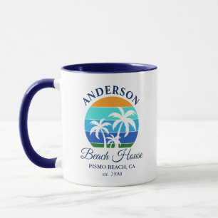 Mug Nom de famille Beach House Sun Palm Trees Blue