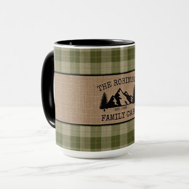Mug Nom de famille Cabine Arbres Sage Plaid Burlap Big (Devant gauche)