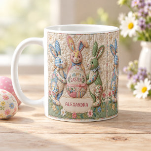 Mug Nom de famille de lapin de Pâques en faux patchwor
