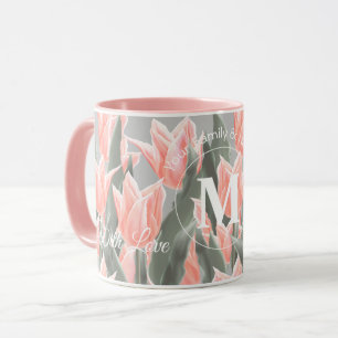 Mug Nom De Famille Élégant Monogramme Peach Tulips P
