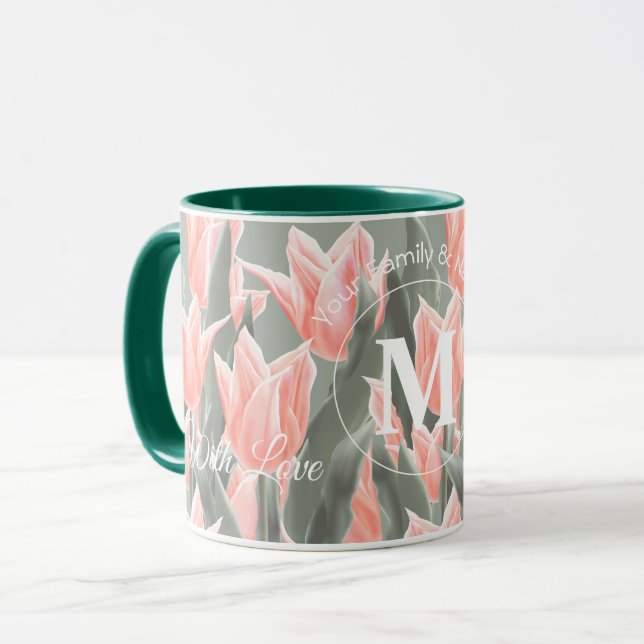 Mug Nom de famille élégant Monogramme Peach Tulips Pei (Devant gauche)