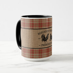 Mug Nom de famille Farmhouse Vintage Red Plaid Burlap