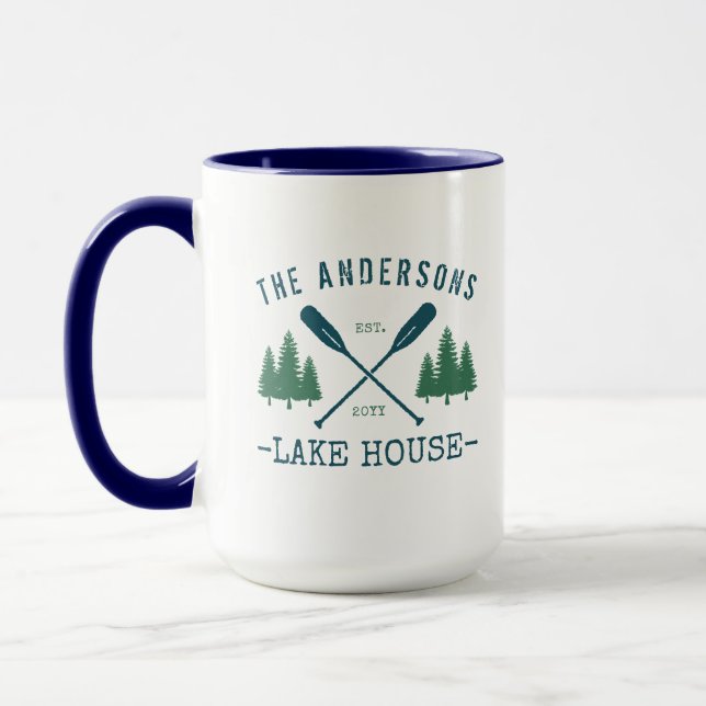 Mug Nom de famille Lake House Oars rustiques Pine Tree (Gauche)