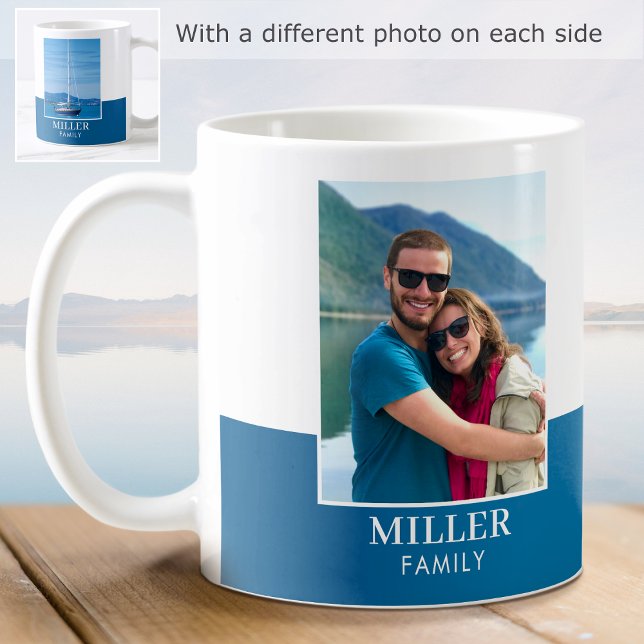 Mug Nom de famille moderne personnalisé 2 Photo Bleu B (Créateur téléchargé)