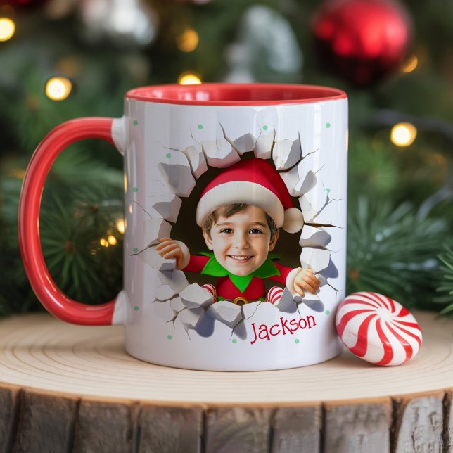 Mug Nom de lutin de Noël amusant avec photo de visage  (Fun Christmas photo mug cups for kids with funny personalized face head and name holiday gift)