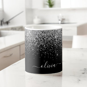 Mug Nom de monogramme pailleté glitter girly noir arge