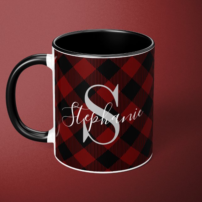 Mug Nom de monogramme rustique à carreaux rouges de bu (Créateur téléchargé)
