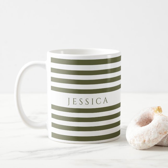 Mug Nom de motif à rayures vert olive (Avec donut)