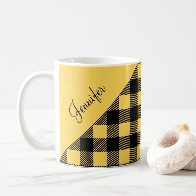 Mug Nom de motif carreaux jaune moderne (Avec donut)