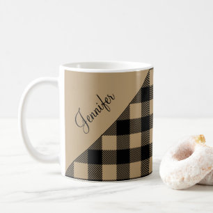Mug Nom de motif carreaux plaid taupe moderne